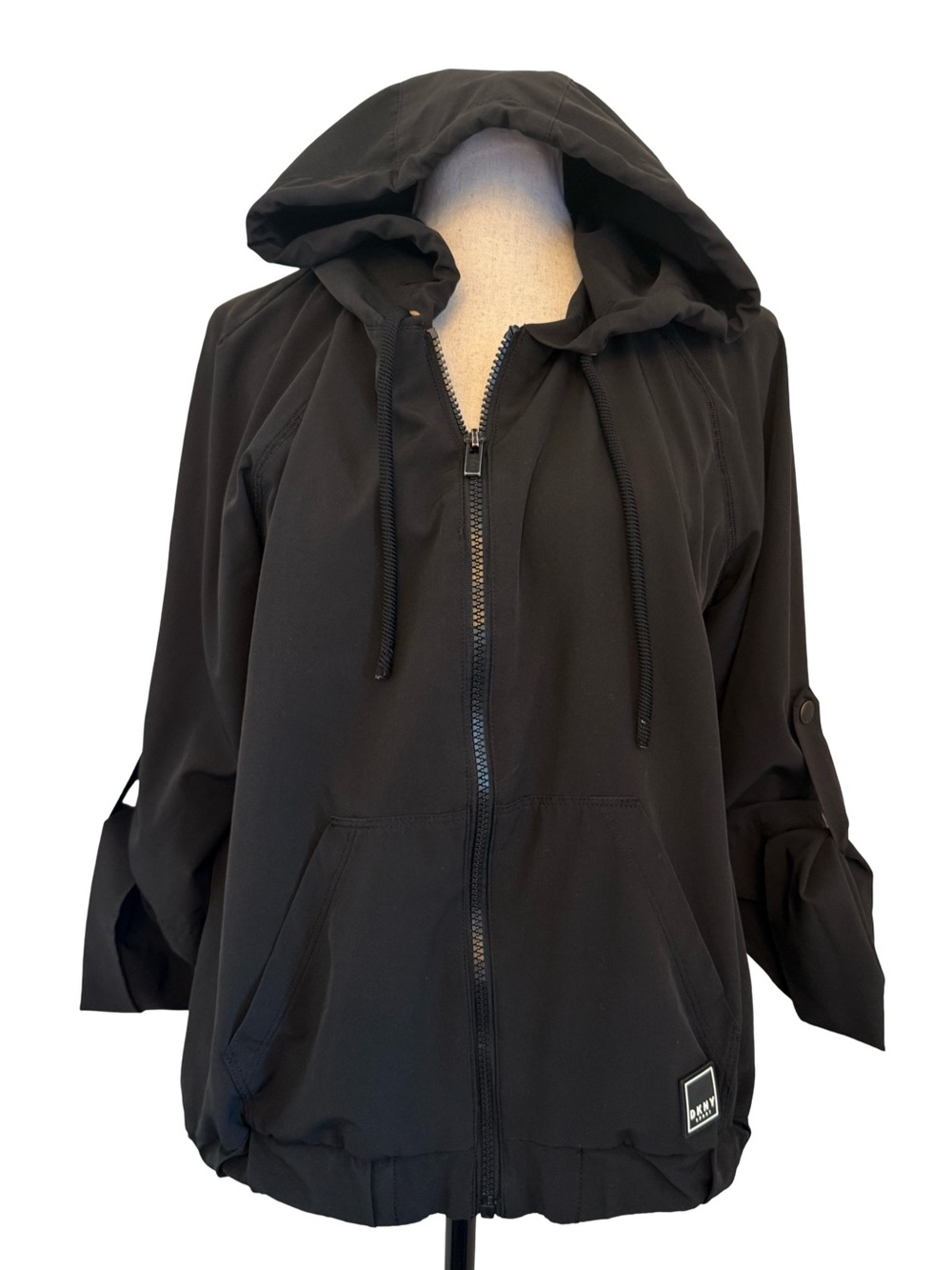 DKNY Sport Black Hooded Jacket Small Convertible Sleeves Drawstring Hem Zip